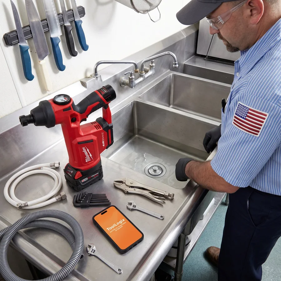 A service technician on a job with the ToolLogix app open in Spanish on his phone