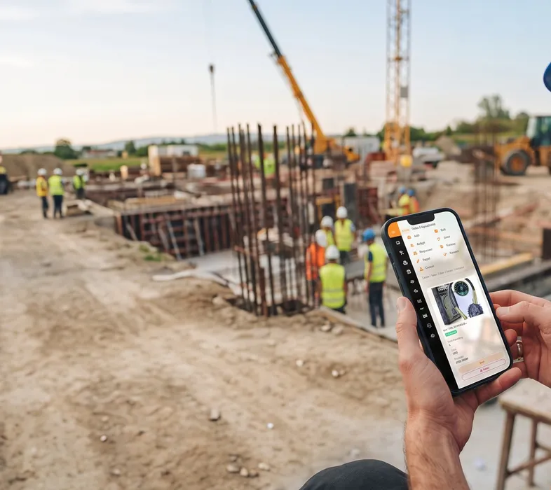 Foreman checking the ToolLogix app on a phone at a construction site