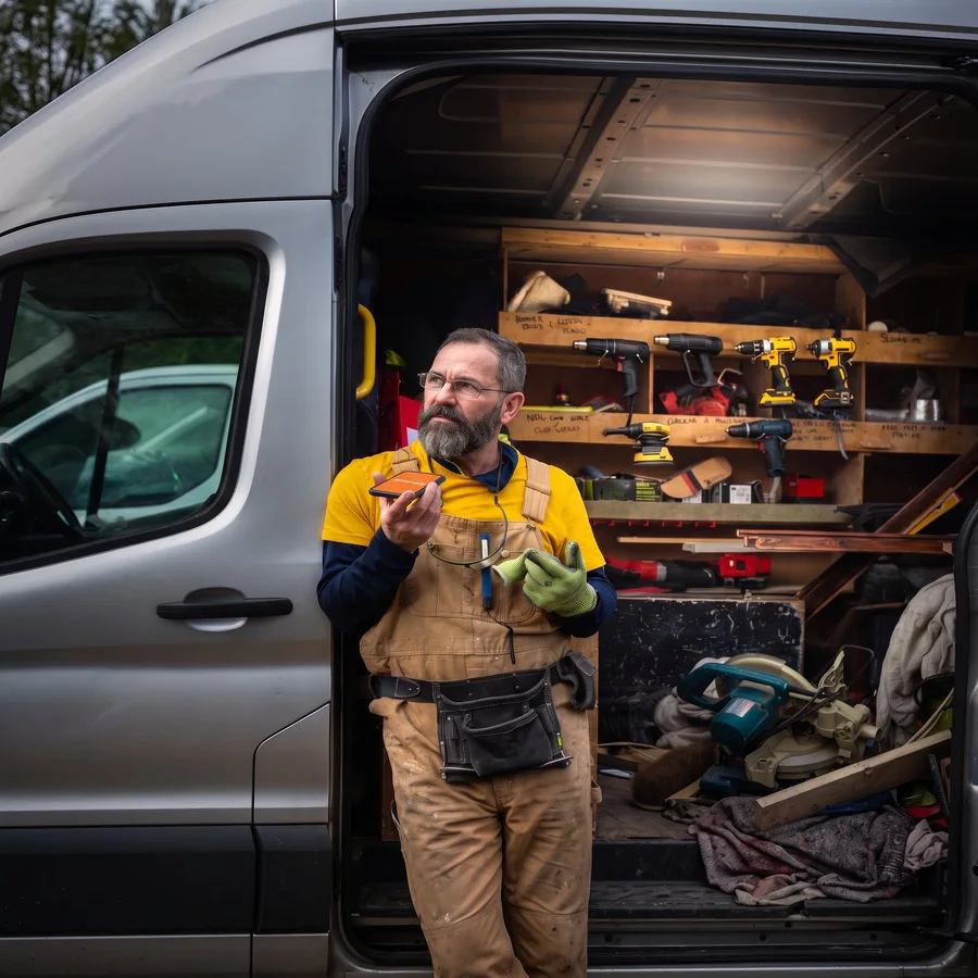 Crew loading tools into a work van