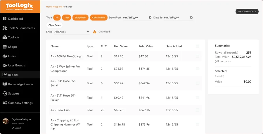 ToolLogix reporting view with activity log and export options