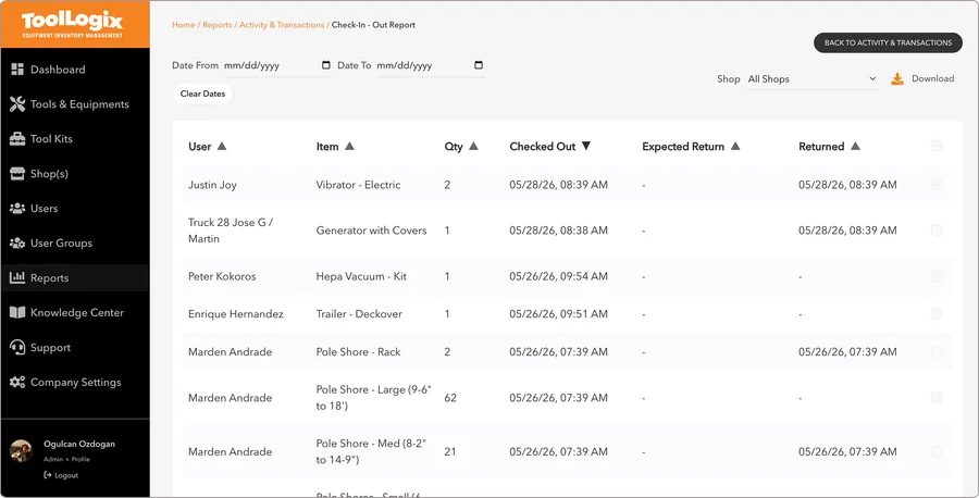 ToolLogix user dashboard showing tools checked out to one person