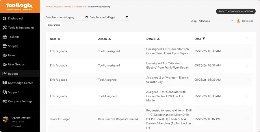 ToolLogix location-tagged tool dashboard for job sites, trucks and trailers