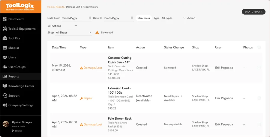ToolLogix shop dashboard showing tool status and warehouse activity