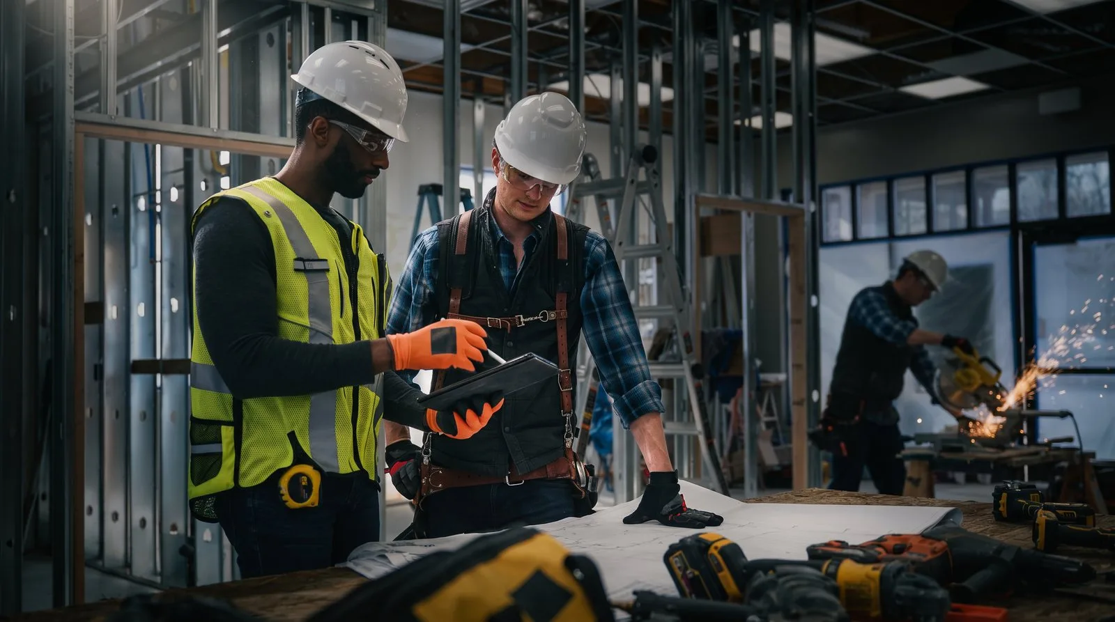 Two ToolLogix users checking equipment on a tablet at a job site