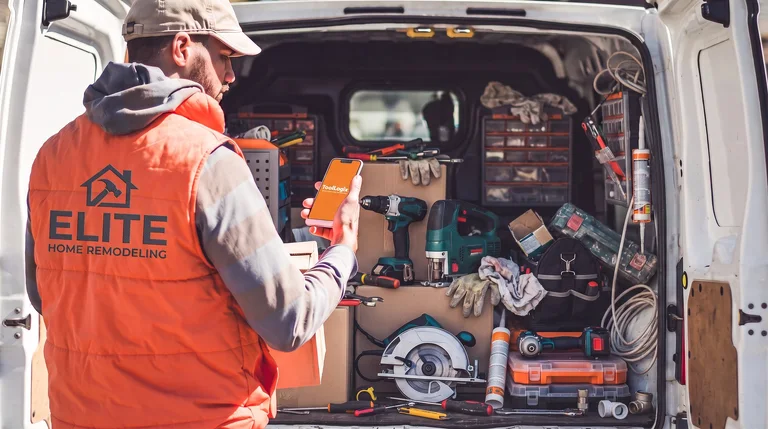 Contractor checking a ToolLogix alert on his phone at his van