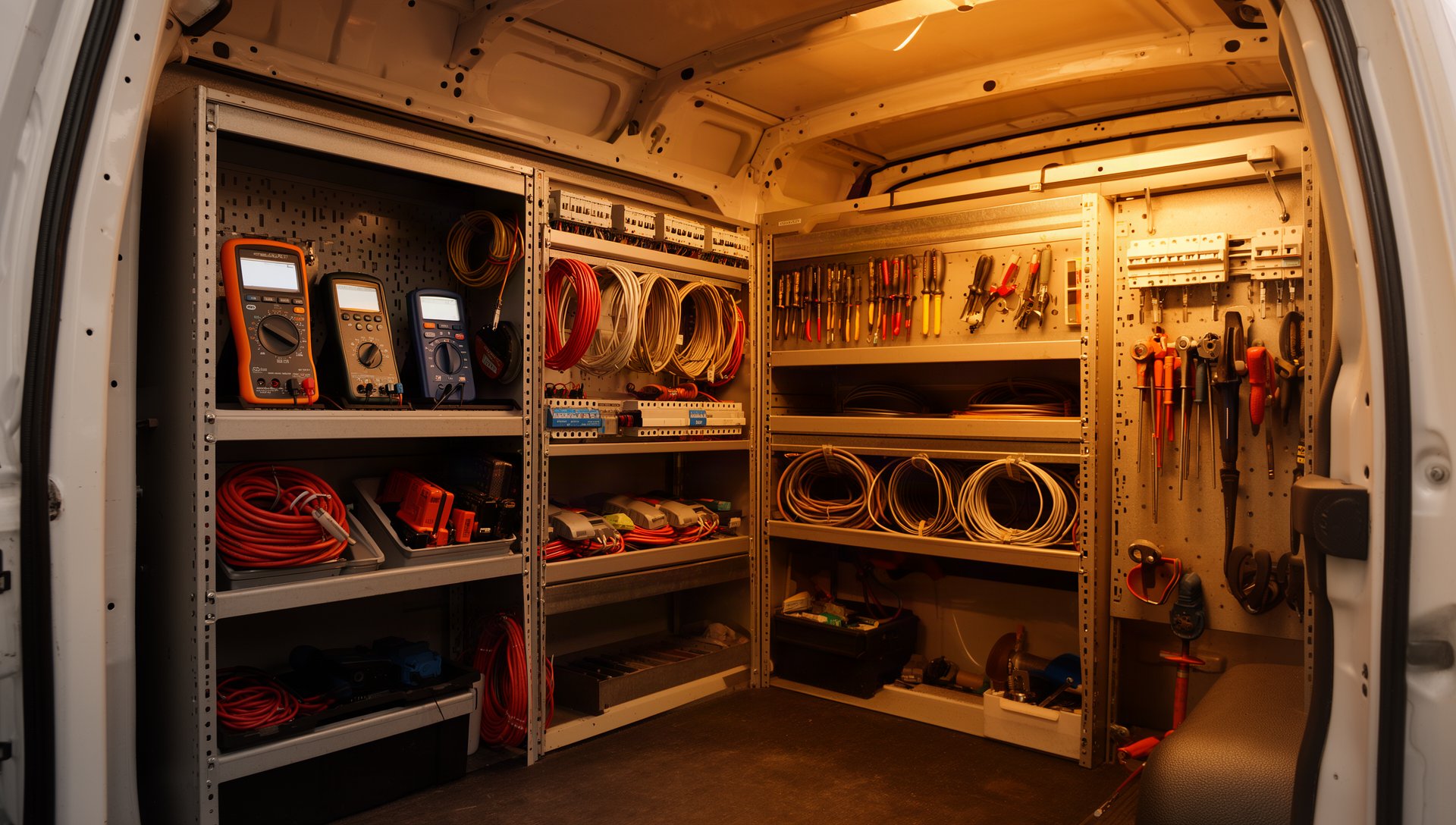 Van shelving organized with electrical test instruments ready for checkout