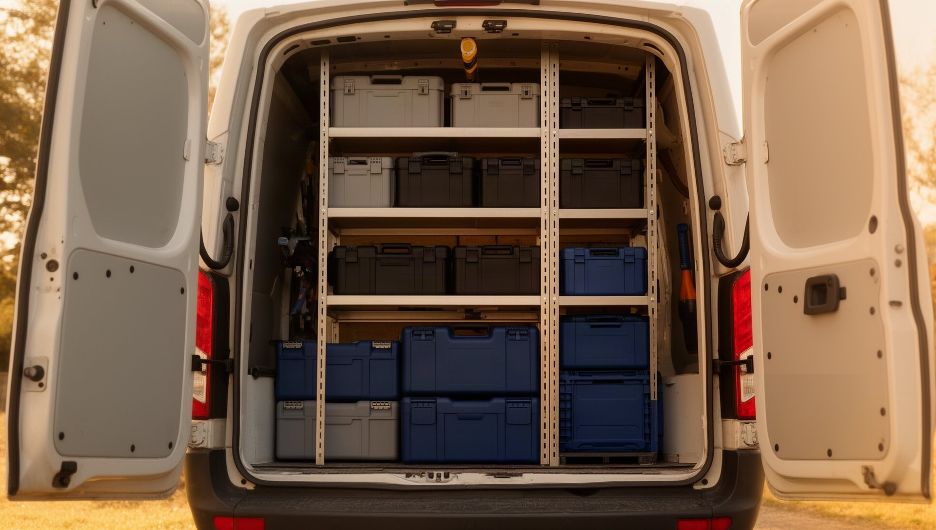 Open van doors showing organized shelving with tools ready for checkout