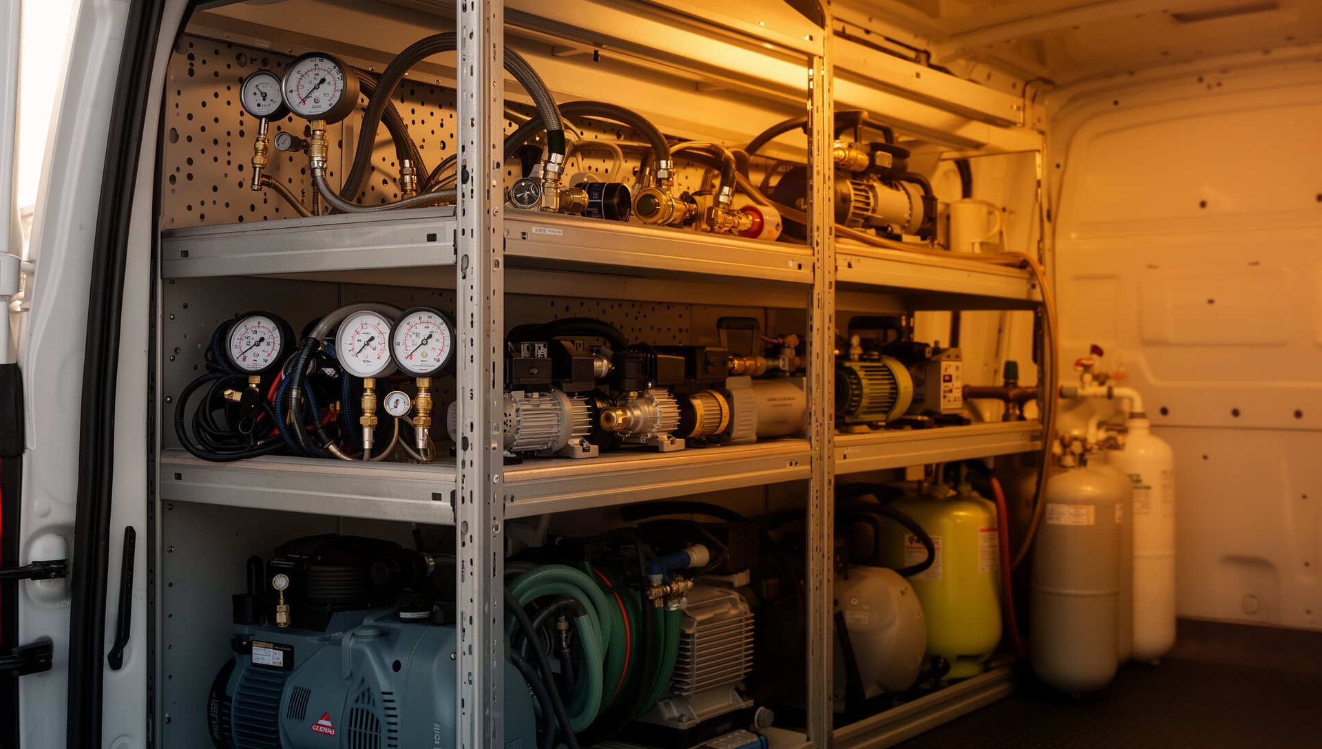 Van shelving organized with HVAC gauges and vacuum pumps ready for checkout