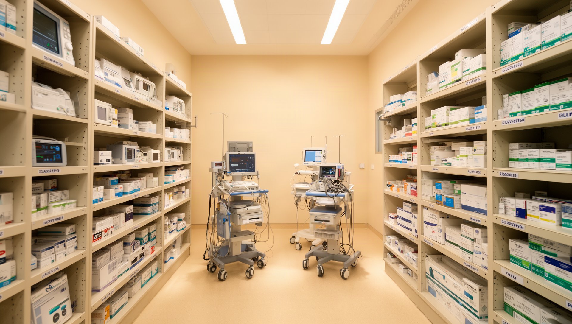 Organized medical equipment storage room with devices ready for checkout