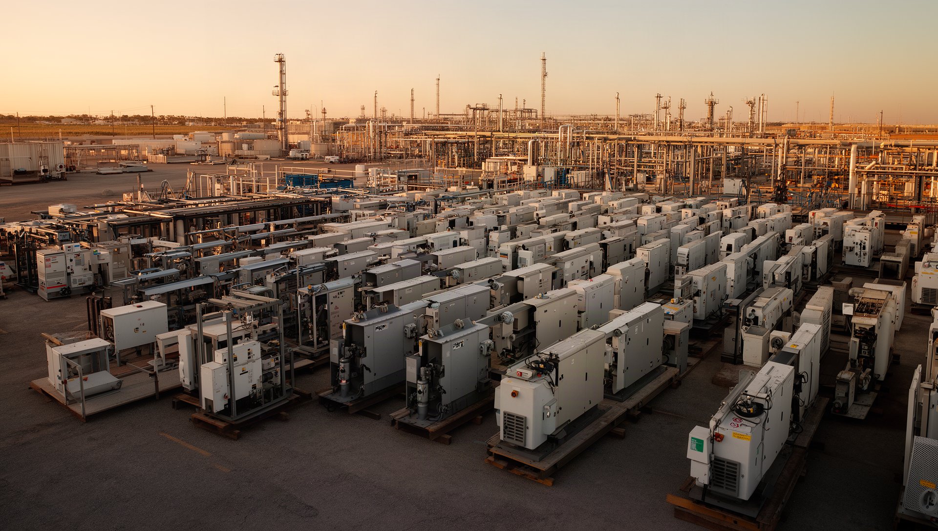 Equipment yard with rows of field iron ready for checkout