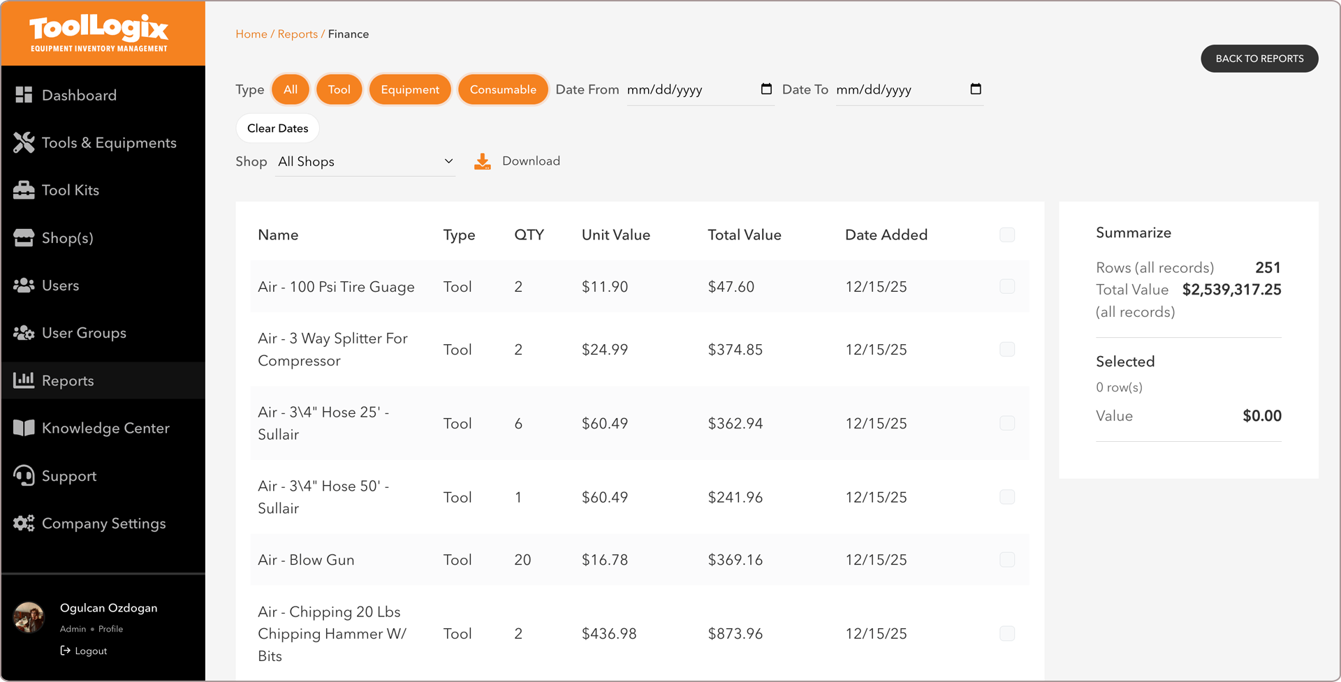ToolLogix finance report totalling inventory value by item and type