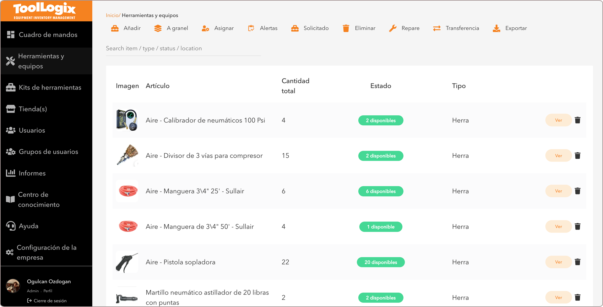 The ToolLogix tools and equipment list shown in Spanish, with trade terms translated in context