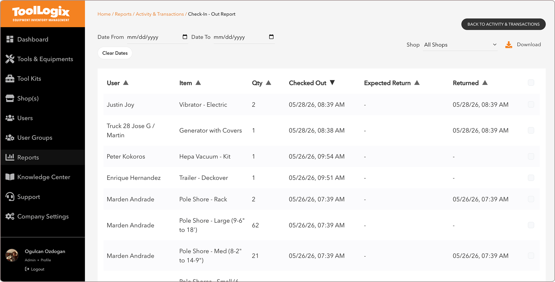 ToolLogix check-in and check-out report with expected and actual return dates