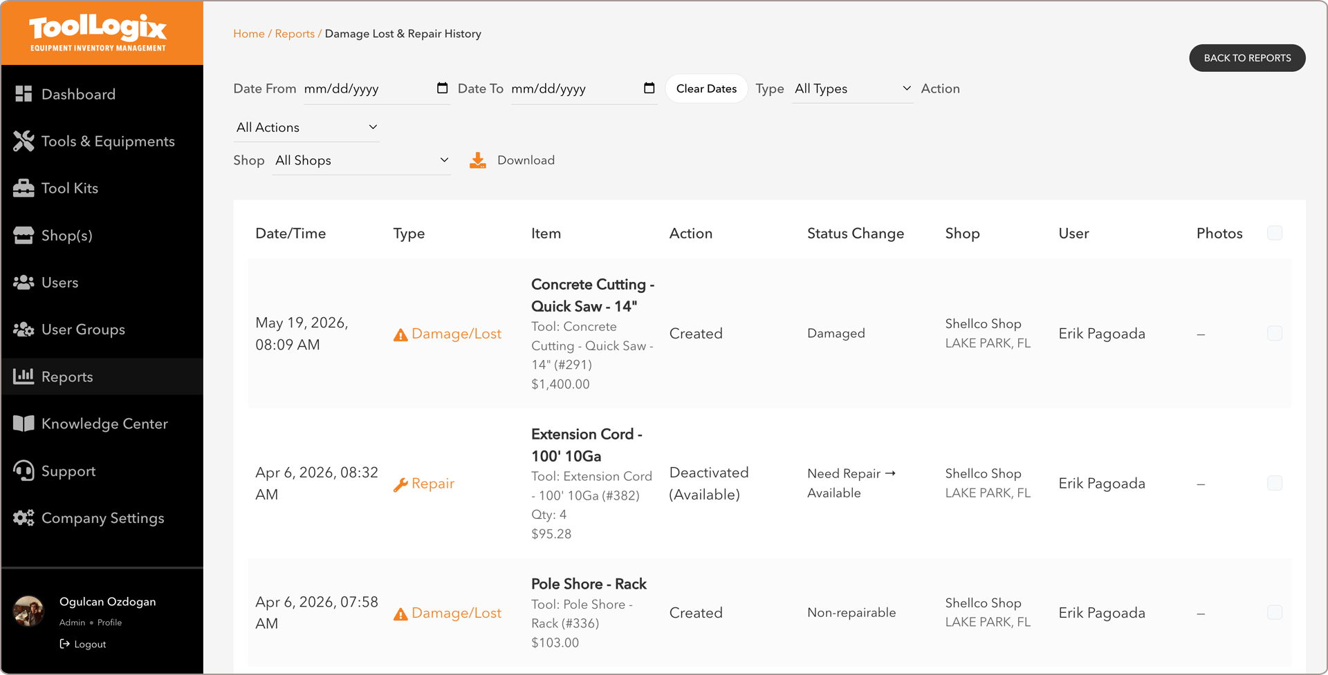 ToolLogix damage, lost and repair history with status changes by shop